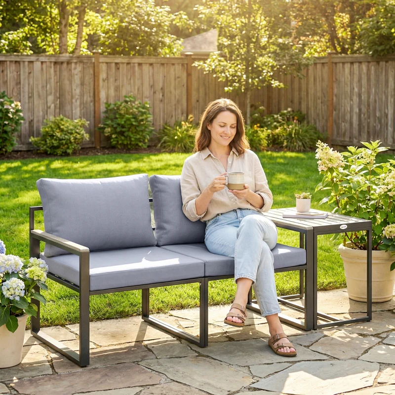 Outsunny Set da Giardino 3 Pezzi con Tavolino e 2 Sedie con Seduta in Texteline e Cuscini, Grigio