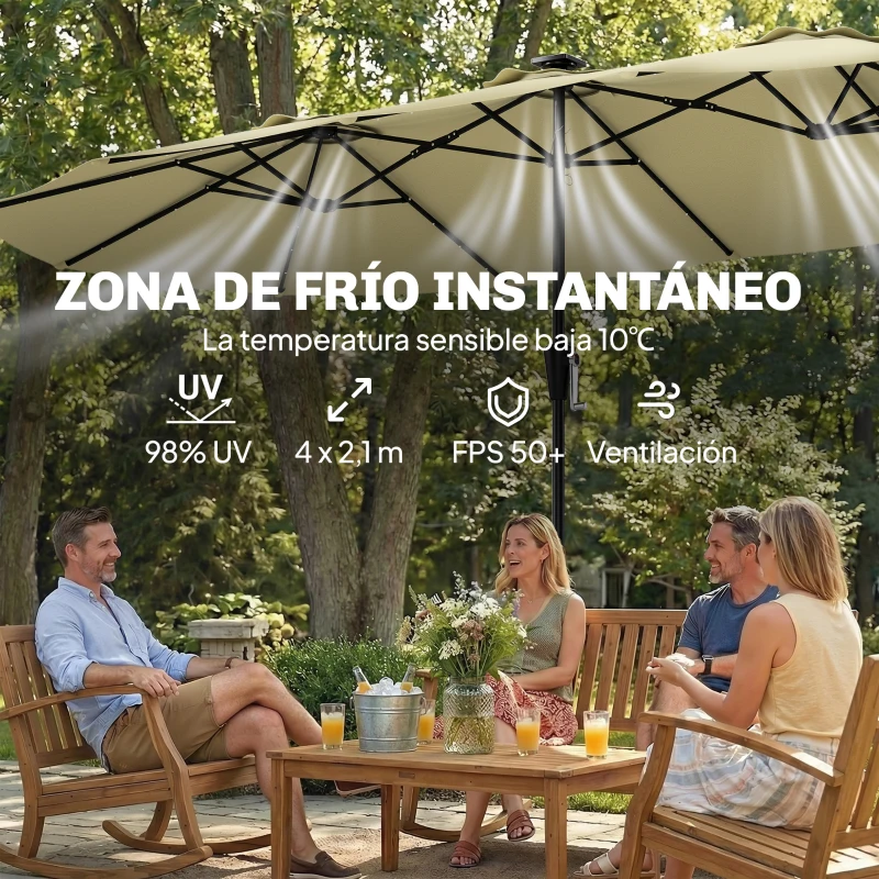 Outsunny Sombrilla Doble de Jardín 4x2 m con 36 Luces LED UPF50+ Manivela 12 Varillas  Resistente al Agua Beige