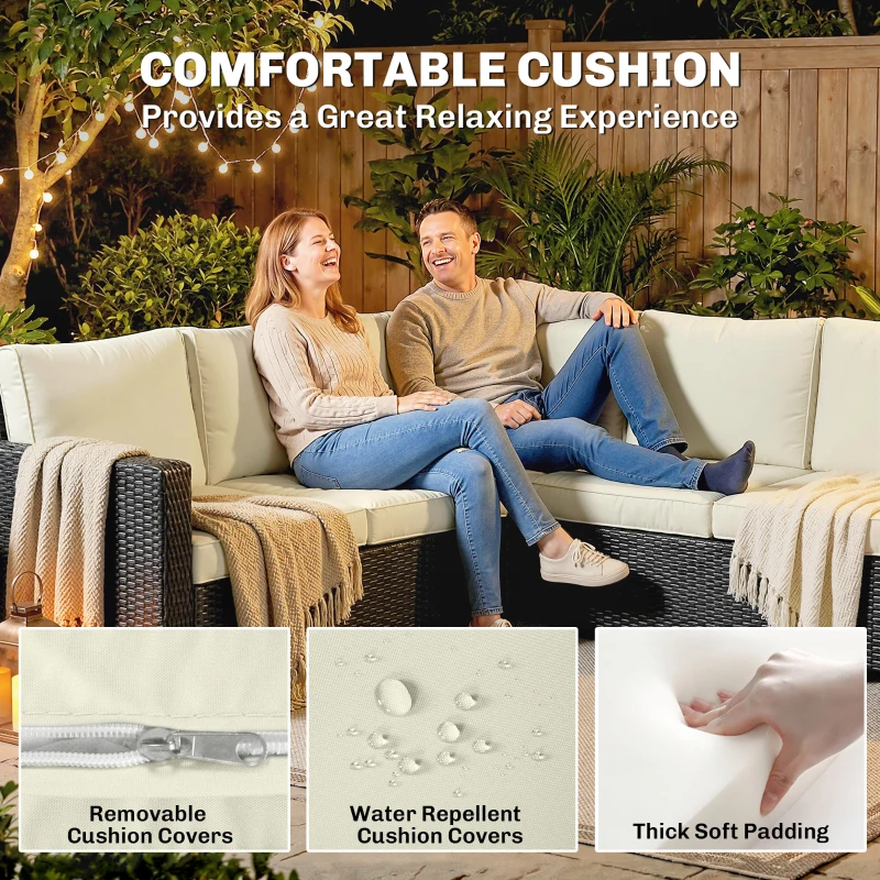 Outsunny 7 Pieces PE Rattan Garden Furniture Set, 50,000 BTU Gas Fire Pit Table, Double Corner Sofa and 3 Footstools