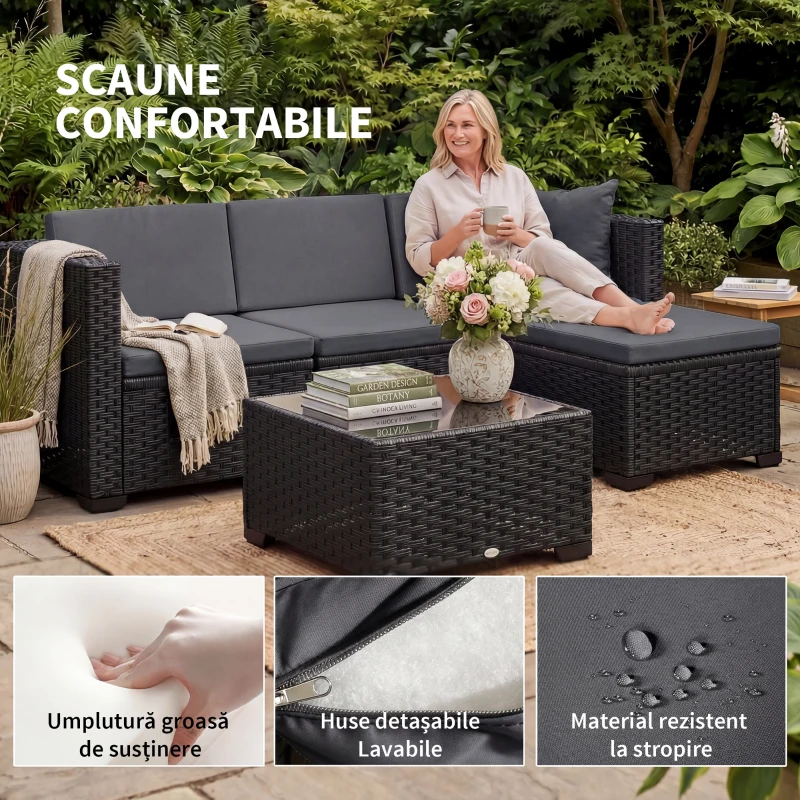 Outsunny Set Modular de Grădină din Rattan cu Perne, Canapea de Colț Gri, 5 Piese