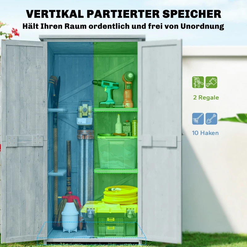 Outsunny Tuinkast Hout Weerbestendig Gereedschapsschuur met Dubbele Deur Magnetische Sluiting voor Tuin en Terras 85 x 54 x 170 cm Grijs