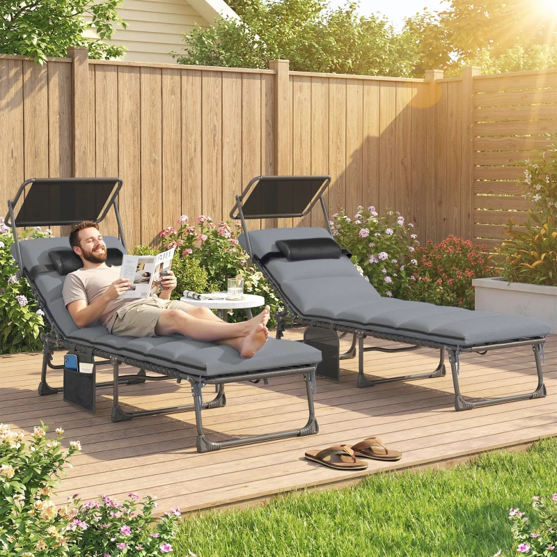 Outsunny Folding Sun Loungers Set of 2 with Canopy, Reclining Sunbed with Cushion, Side Pocket, Carrying Handle, Light Grey