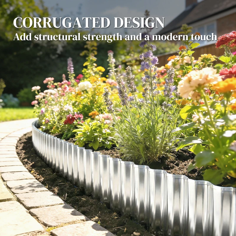 Outsunny Metal Garden Edging Border, 8 in x 21.3 ft Corrugated Heavy Duty Galvanised Steel Lawn Edging, Silver Tone