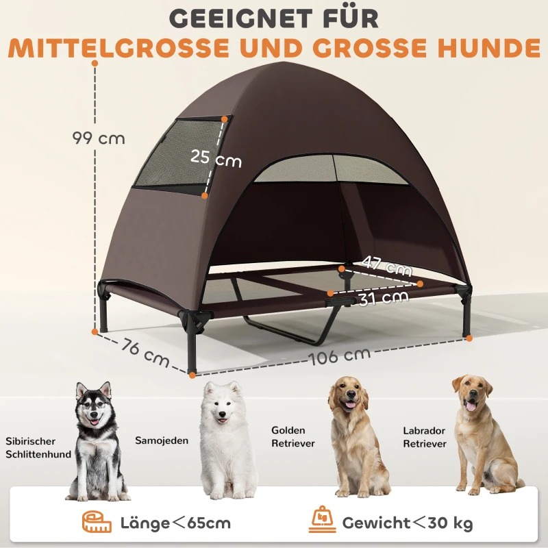 PawHut Elevated Dog Bed with Removable Canopy, Pet Bed with Storage Bag for Indoor Outdoor, for Large Dogs, 106 x 76 x 99 cm, Coffee