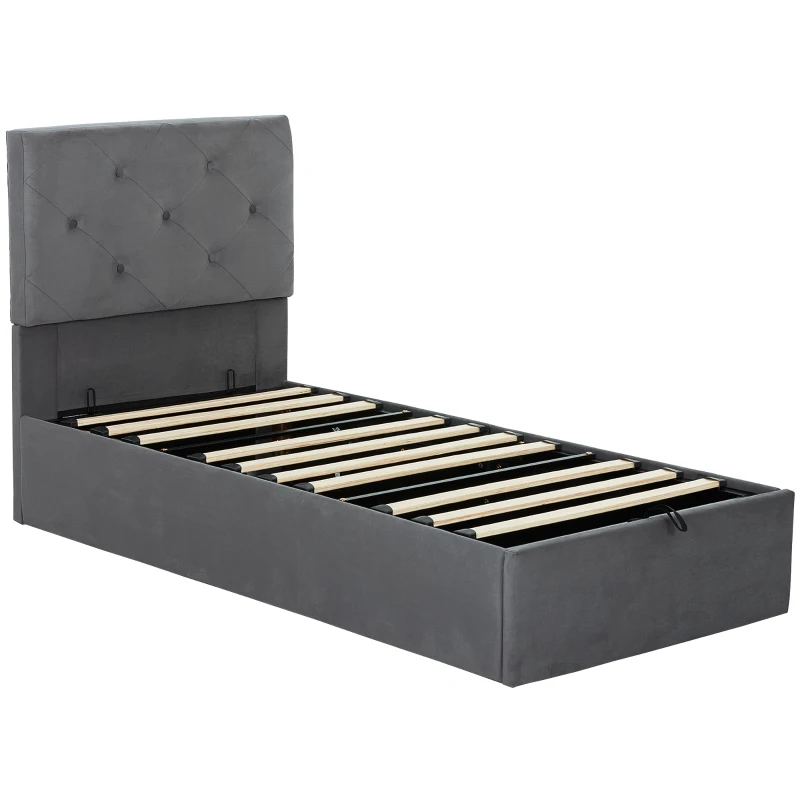 HOMCOM Single Bed Frame Gas Side Lift Under Bed Storage Upholstered Platform Bed Tufted Headboard for 90 x 190 cm Mattress
