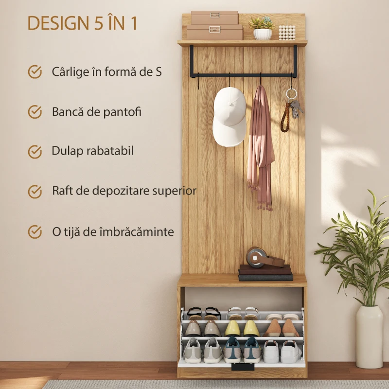 HOMCOM Cuier de Hol cu Pantofar Rabatabil, Cuier cu Bancă, 4 Cârlige și Rafturi pentru Pantofi, Organizator Modern pentru Hol și Coridor, Stejar și Alb
