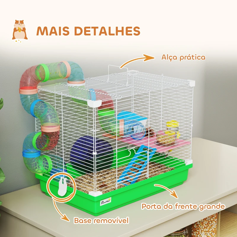 PawHut Gaiola para Hamster com Túnel Prato Bebedouro Casinha Rampa Roda de Exercício Bandeja Removível 46x30x37 cm Verde