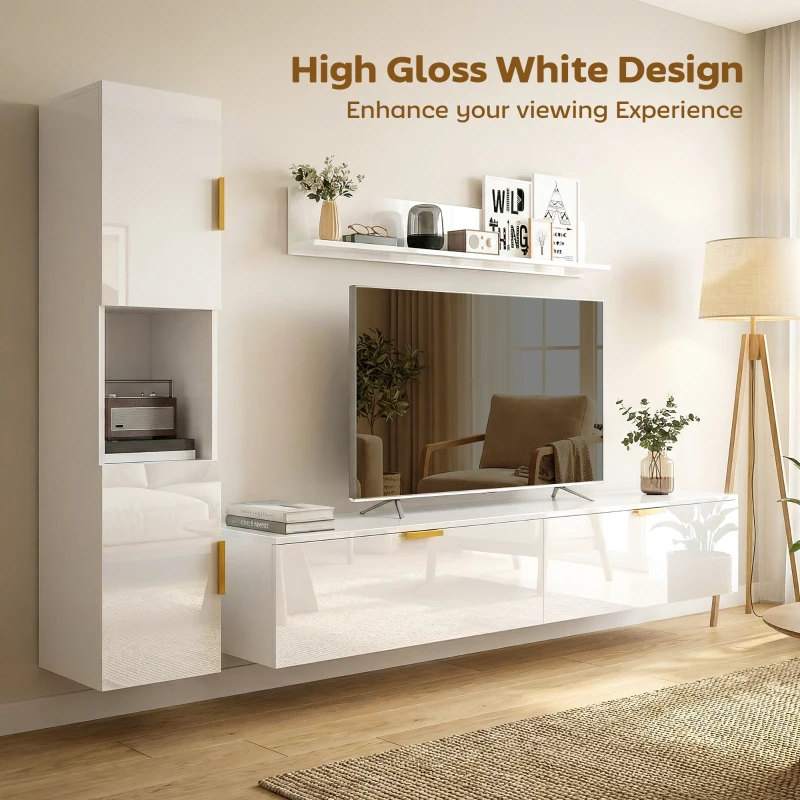 HOMCOM Wisząca szafka TV z klapowymi drzwiczkami Centrum rozrywki Półka ścienna Szafka 180 cm Biały wysoki połysk