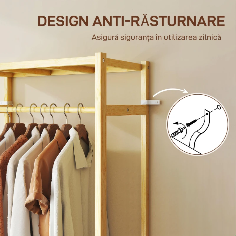 HOMCOM Cuier de Podea cu Bară și 4 Roți, Economisire Spațiu, Cuier din Bambus cu Rafturi Inferioare, pentru Dormitor, Hol, 70x35x175 cm, Lemn Natural