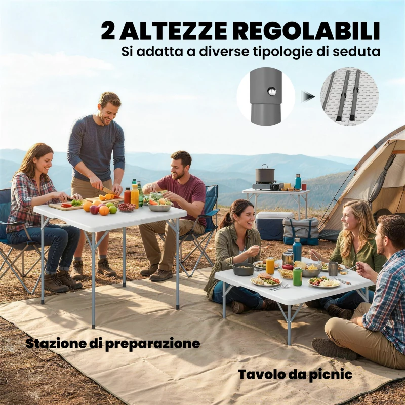 Outsunny Tavolo da Campeggio Quadrato Pieghevole in Metallo e HDPE, 86x86x74 cm, Bianco