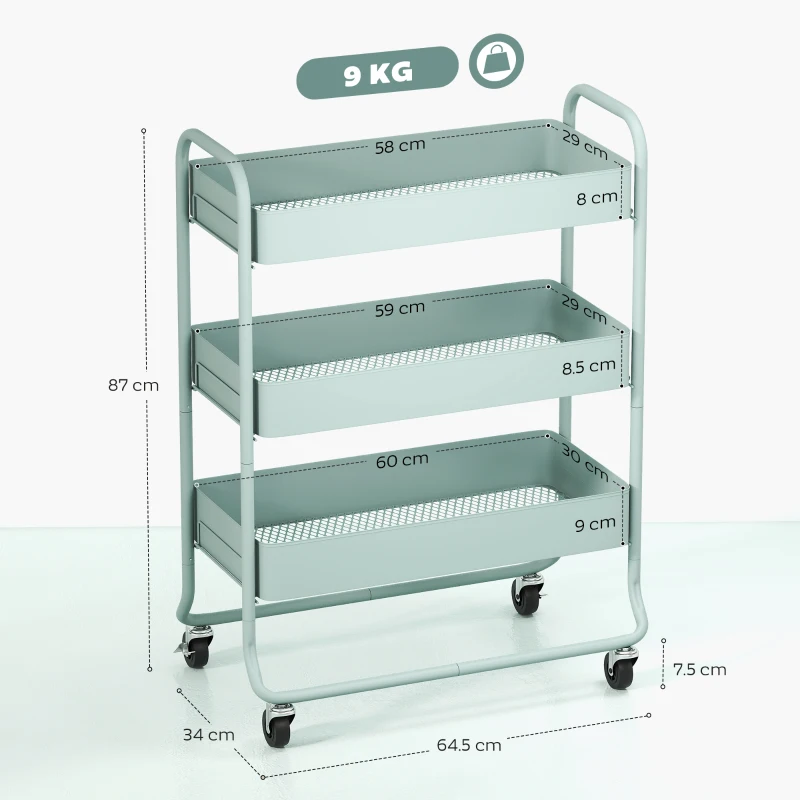 HOMCOM 3-Tier Storage Trolley on Wheels, Rolling Utility Cart with Mesh Backets for Kitchen, Bathroom, Bedroom, Light Green