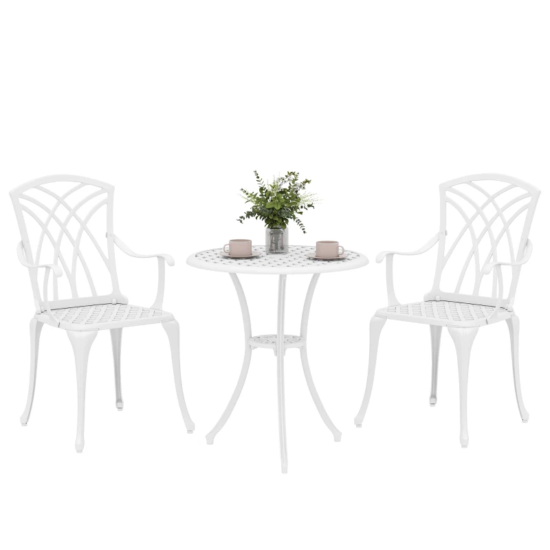 Outsunny 3 Pieces Garden Bistro Set, Cast Aluminium Outdoor Dining Set with 2 Chairs and Round Table with Parasol Hole, White