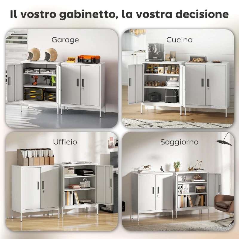 HOMCOM Armadietto da Ufficio in Acciaio a 2 Ripiani Regolabili con Serratura e 2 Chiavi, 80x40x100 cm, Bianco