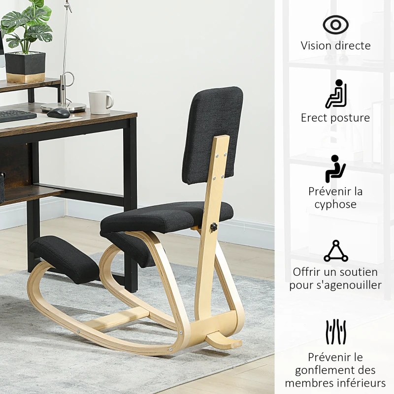 HOMCOM Siège assis genoux, tabouret ergonomique en bois à bascule avec dossier, chaise à genoux pour bureau à domicile, noir