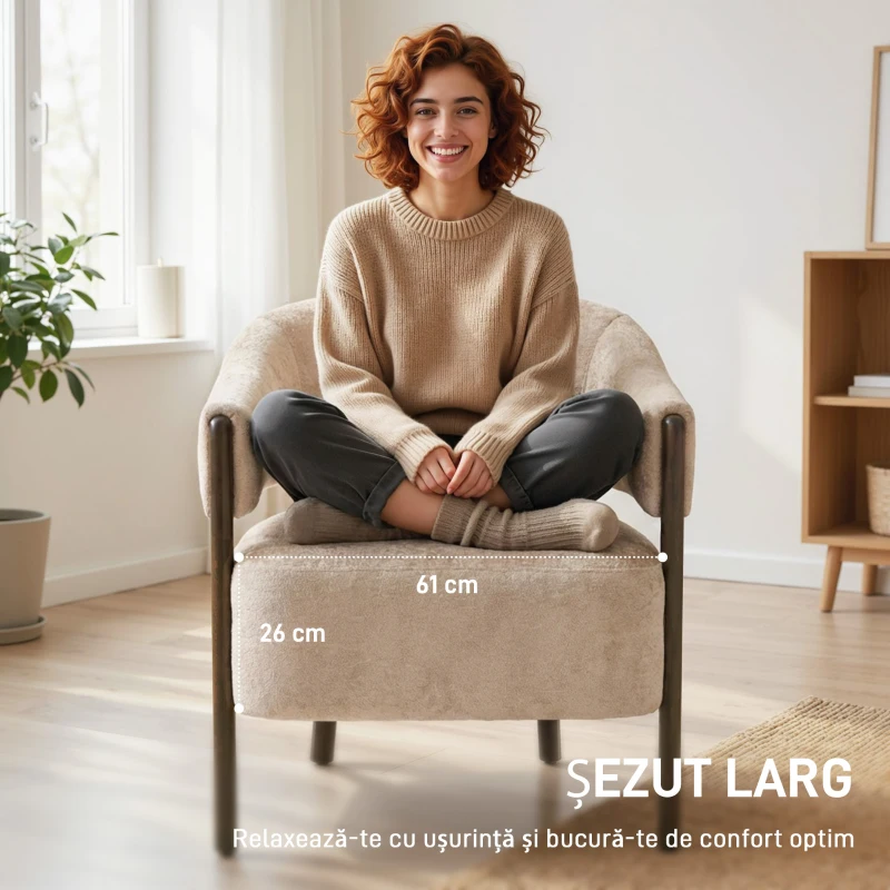 HOMCOM Fotoliu Elegante Tapițat cu Catifea Chenille și Cadru din Lemn Masiv, Fotoliu Modern pentru Living și Dormitor, Bej