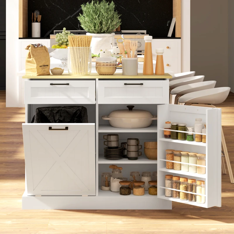 HOMCOM Buffet cuisine avec meuble poubelle 38L, meuble cuisine rangement, 2 tiroirs, étagère à épices et plan de travail, blanc