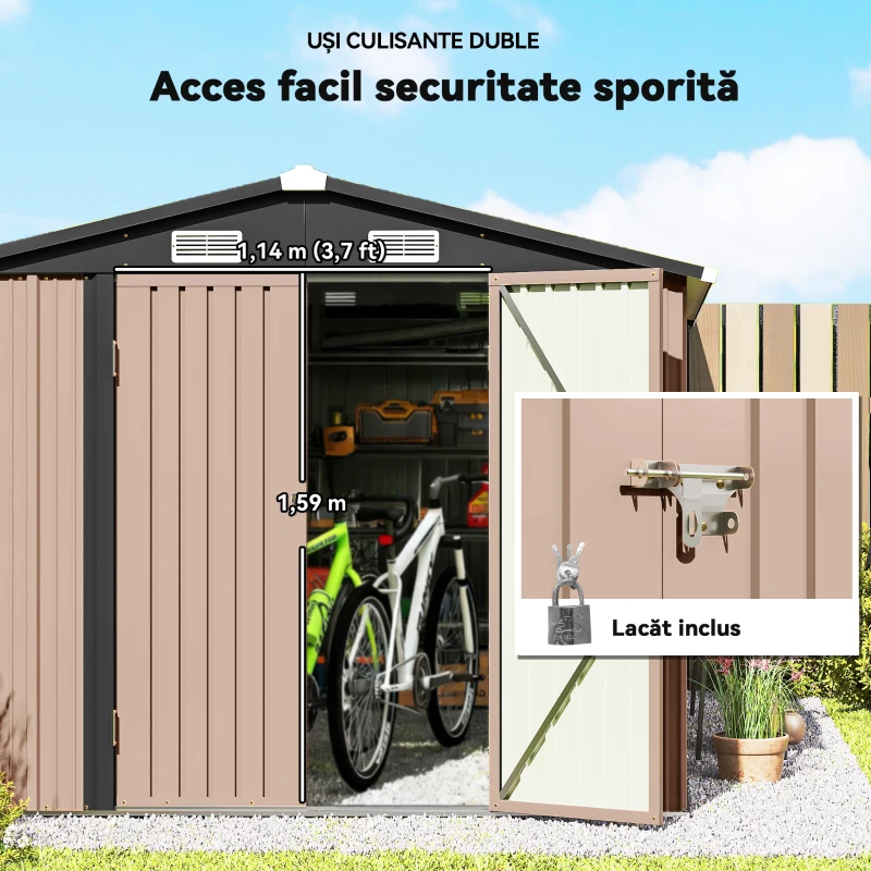 Outsunny Magazie Metalică 305 x 245 cm, Căsuță de Grădină Rezistentă cu 4 Guri de Aerisire și Uși Duble cu Încuietoare, Maro