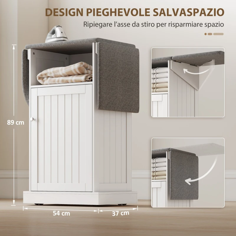 HOMCOM Mobile Asse da Stiro Pieghevole a Rotelle con Ripiano Aperto e Armadietto, 121x37x89 cm, Bianco e Grigio