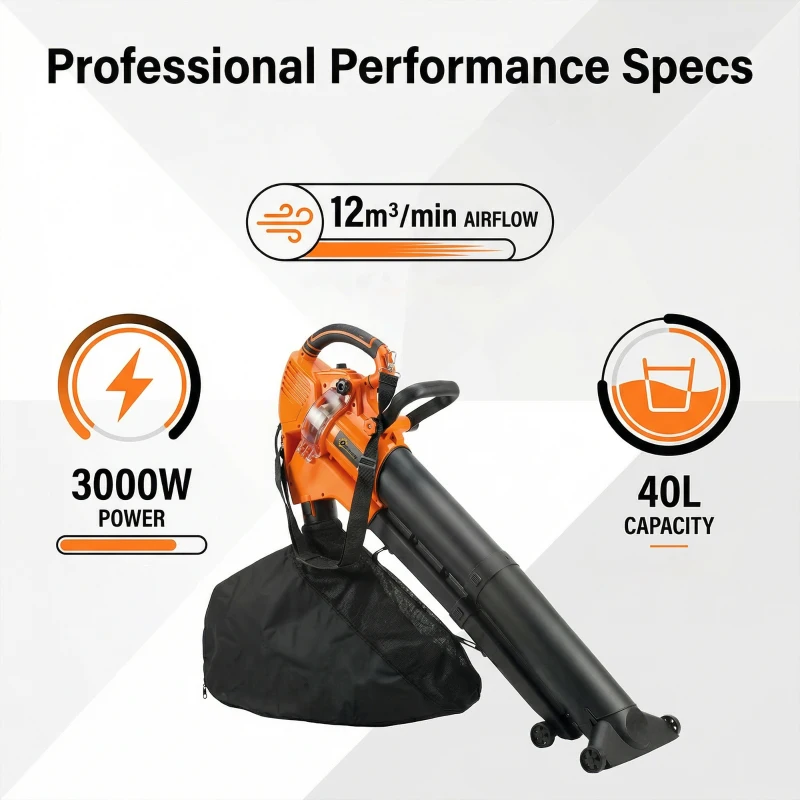 Outsunny 3000W 3-in-1 Elektrischer Laubbläser und Staubsauger mit 40L Auffangbeutel, 4 Rädern, verstellbarem Gurt, Orange