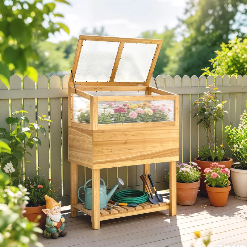 Outsunny Jardinieră înaltă cu seră din lemn, ladă de plantare ridicată cu capac rabatabil, raft, material nețesut, ergonomic