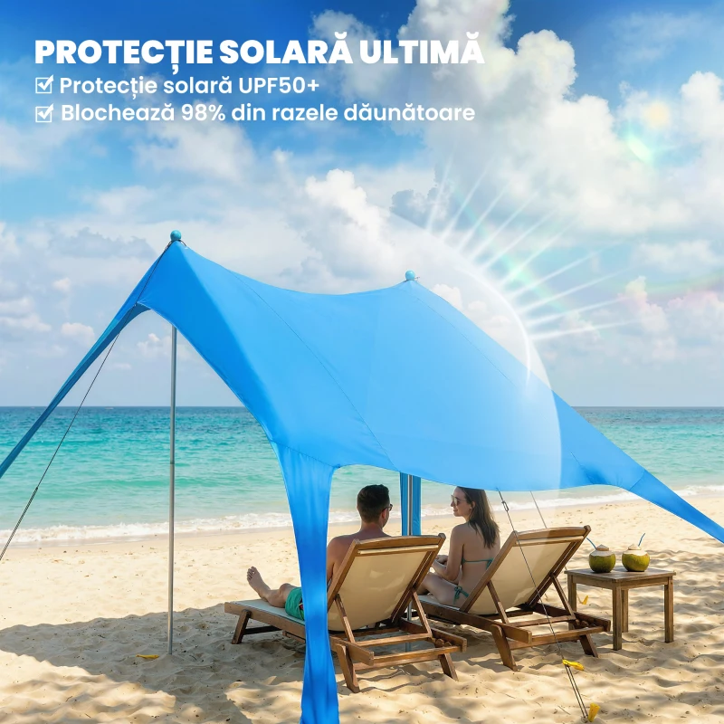 Outsunny Cort de Plajă pentru 2-4 Persoane, Saltea, Lopată, Protecție Solară UPF50+, Albastru