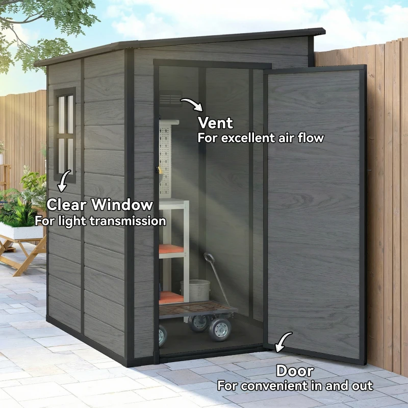 Outsunny 4'x5' Garden Storage Shed, Lean to Shed, Lockable Garden Shed with Window, Vent and Plastic Roof, Wood-Effect
