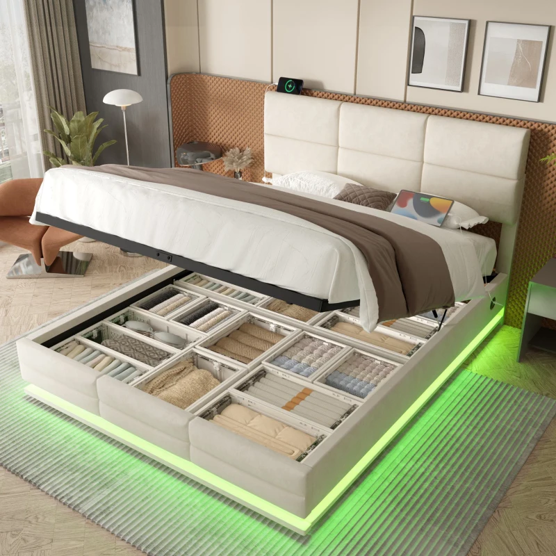 Lit rembourré en velours avec tête de lit réglable en hauteur, éclairage LED et système de levage hydraulique, sans matelas, 160x200 cm, Beige