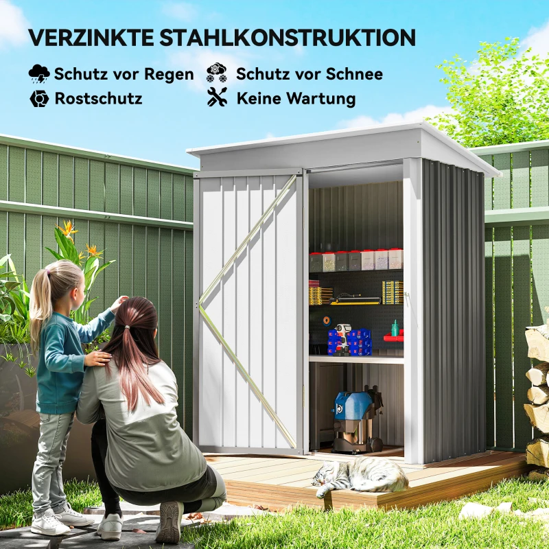 Outsunny Gartenschuppen, Outdoor-Geräteschuppen aus Wellstahl, Wanddesign, verstellbare Regalböden, verschließbare Tür, Grau