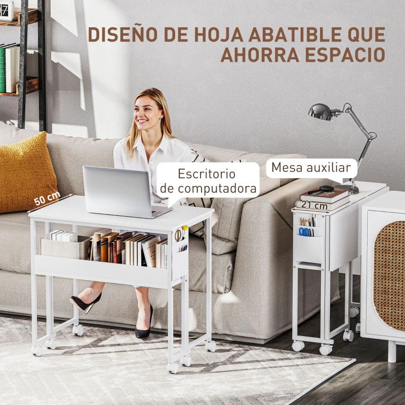 HOMCOM Escritorio Plegable con Ruedas Balda y Bolsillo de Almacenaje Ideal para Espacios Pequeños 80x50x75 cm Blanco