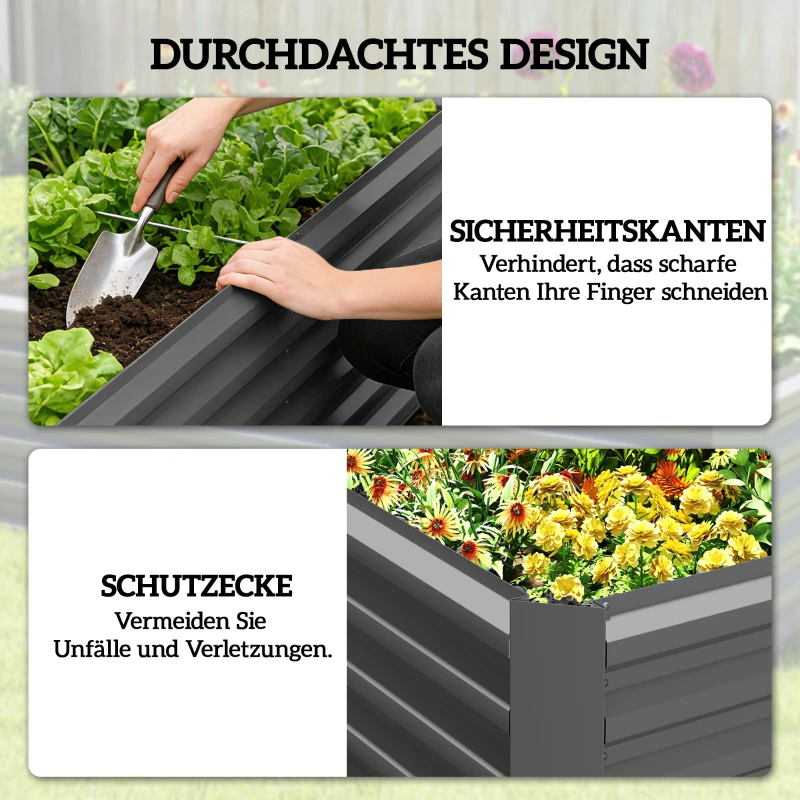 Outsunny Hochbeet Metall 180 x 90 x 57,5 cm Tief Gartenbeet mit Offenem Boden Stützstange Dunkelgrau