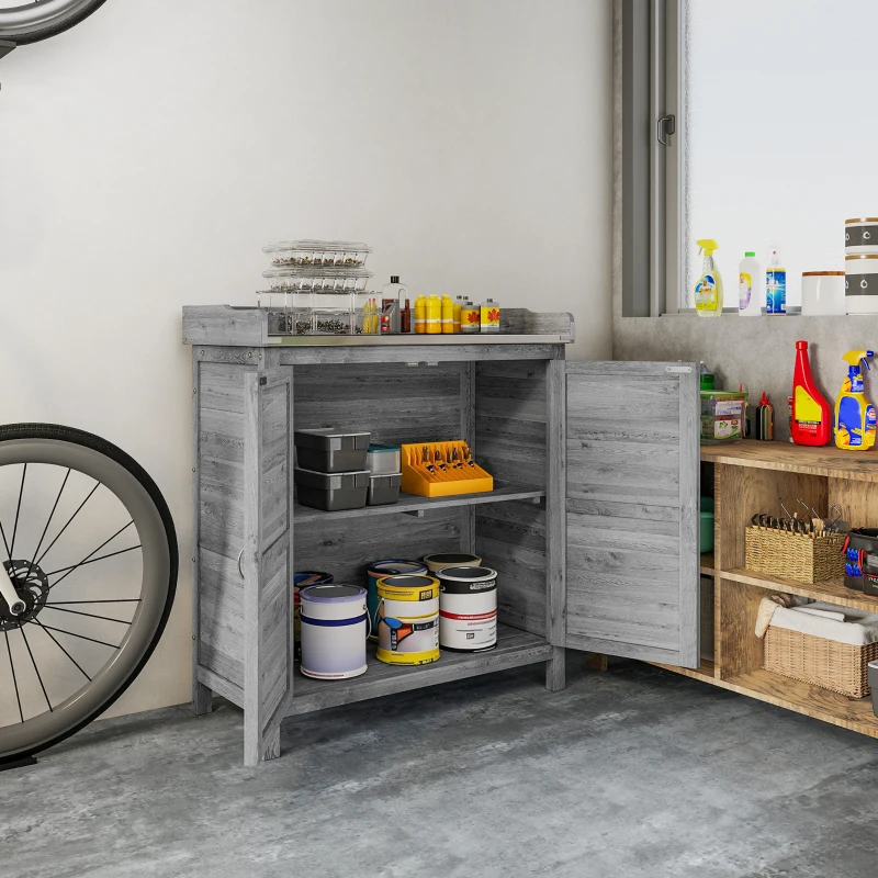 Outsunny Gartenschrank mit Pflanztisch, Holz Geräteschuppen mit verzinkter Arbeitsplatte 2 Regalböden Grau