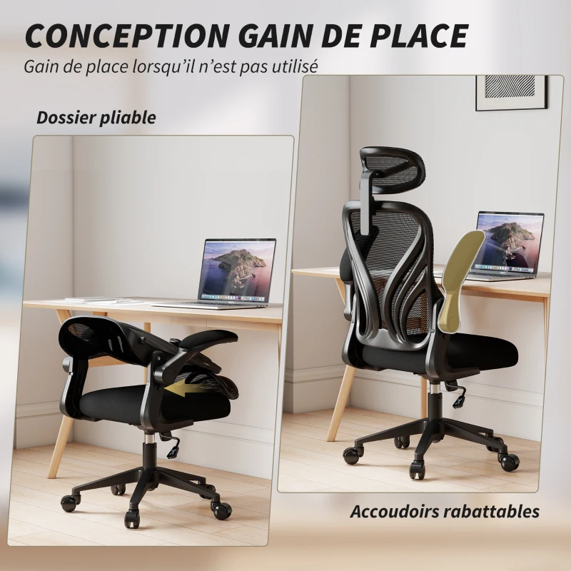 HOMCOM Chaise bureau, fauteuil de bureau en maille, dossier rabattable, appui-tête 2D, accoudoirs relevables, 73x62x136cm, noir
