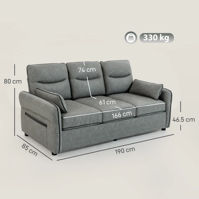 HOMCOM 3 Seater Sofa, Faux Leather Couch - Grey