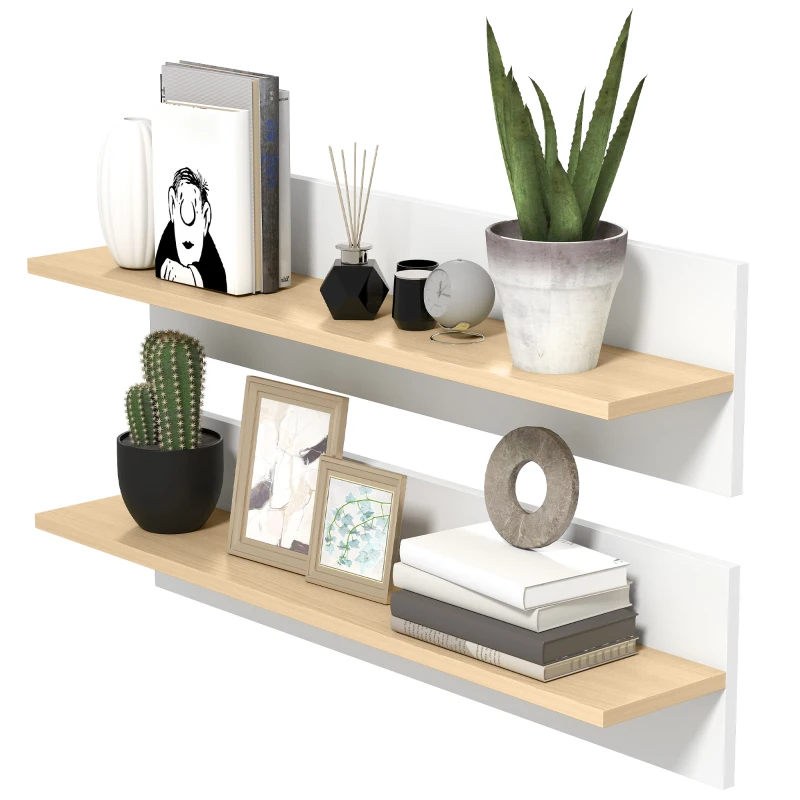 HOMCOM Set 2 Rafturi de Perete pentru Casă și Birou, Rafturi din Lemn pentru Bucătărie și Living, 80x16.5x20 cm, Alb și Lemn Natural