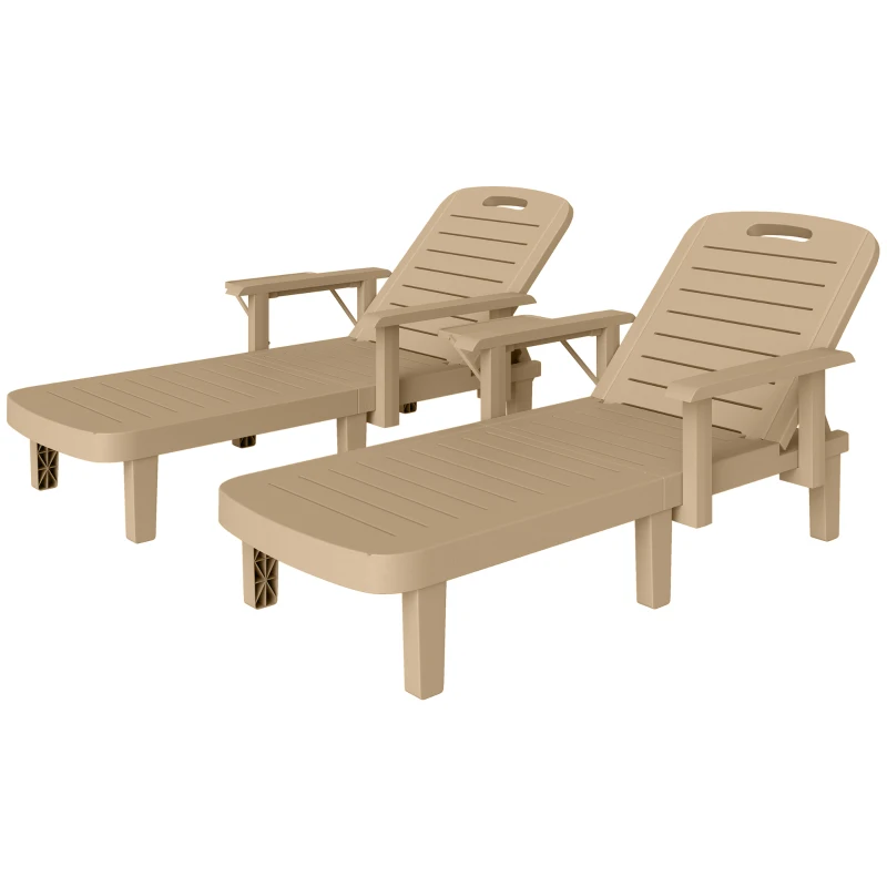 Outsunny Set of 2 Reclining Sun Loungers, 5 Positions Adjustable Outdoor Chaise Lounge Chair with Armrests, Khaki
