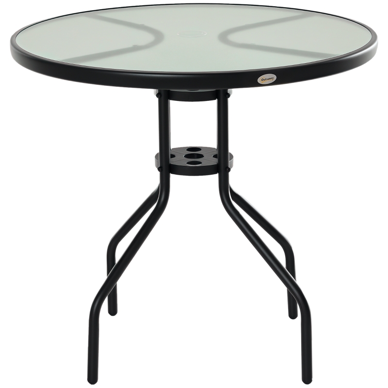 Outsunny Table Ronde Bistro de Jardin dim. Ø 80 x 72H cm Espace Installation Parasol Acier époxy Noir Plateau Verre trempé