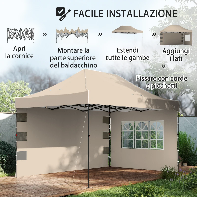 Outsunny Gazebo da Giardino 3x4.3 m con Pareti e  Borsa Ruote,  UPF50+, Marrone Sabbia