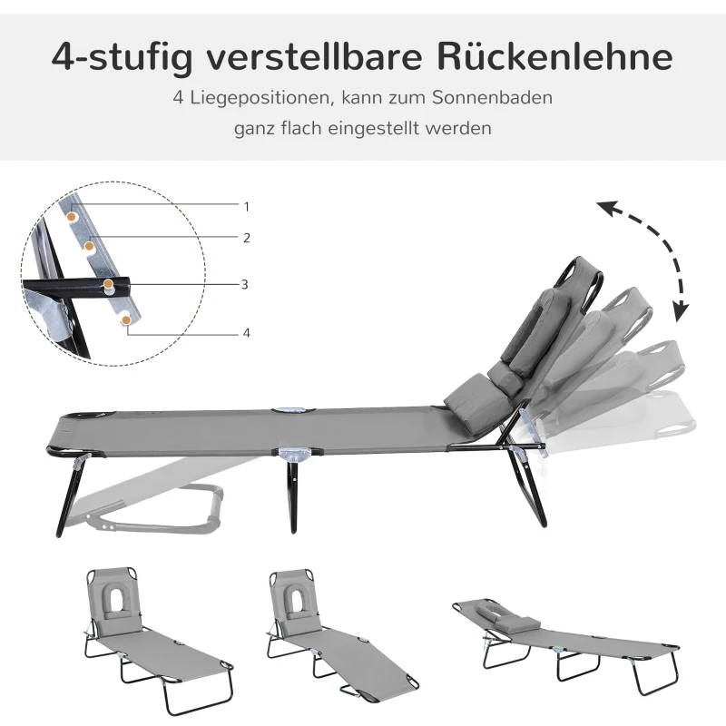 Outsunny Sonnenliege mit Gesichtsloch & Kissen, klappbar, wasserabweisender Bezug, Metallrahmen, Dunkelgrau