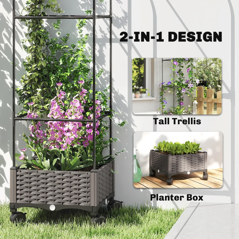 Outsunny Donica z kratownicą mobilna z kółkami, odpływ wody, 40 x 40 x 185 cm