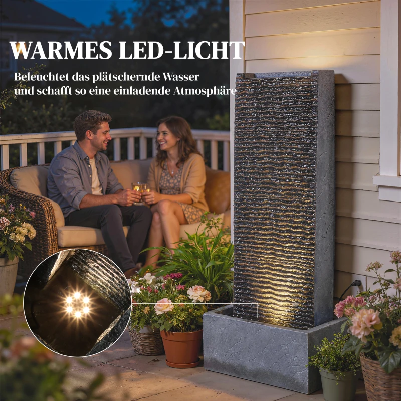 Outsunny Springbrunnen 2-stufig Gartenbrunnen mit LED Beleuchtung Pumpe Granitoptik 37,5 x 22 x 80 cm