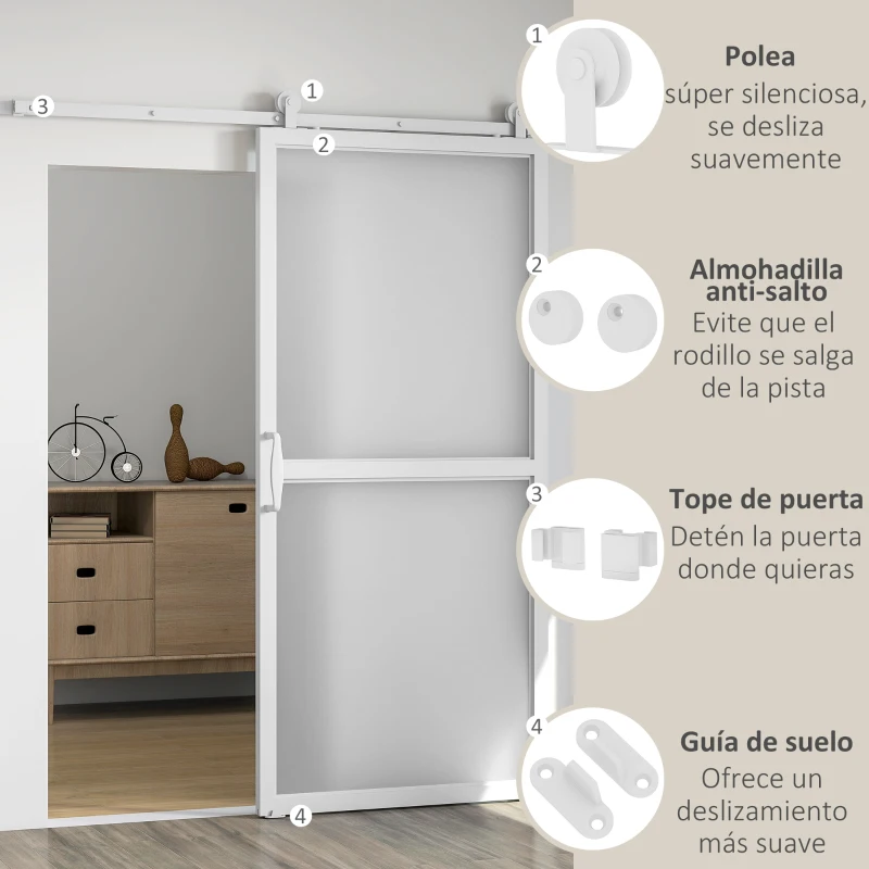 HOMCOM Herrajes para Puertas Correderas 200 cm Kit de Accesorios para Puerta Corredera con 2 Rieles y Guía Blanco