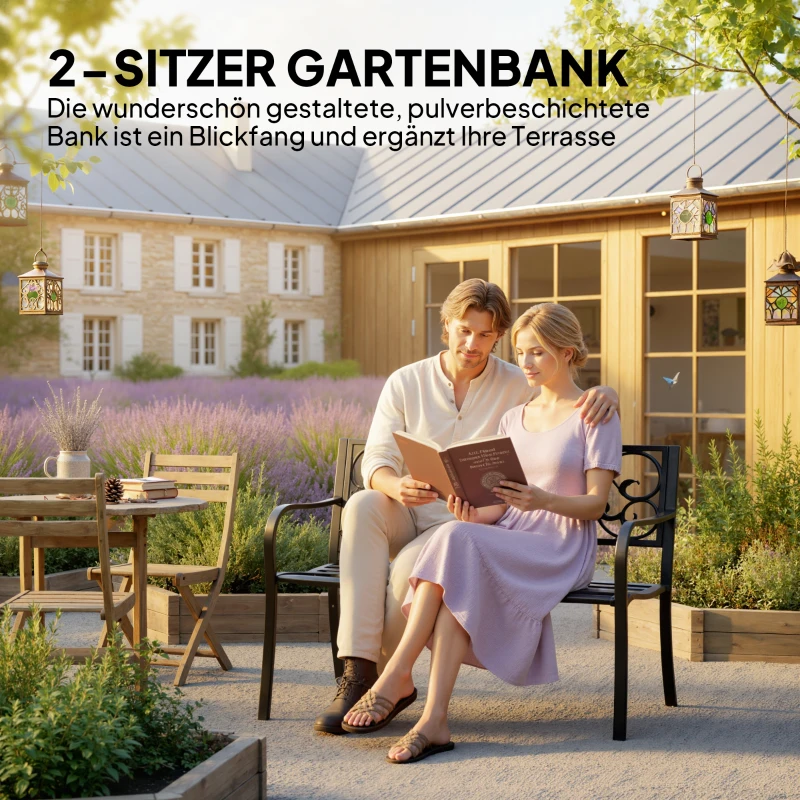 Outsunny Tuinbank 3-zits Stalen Bank Bank met Armleuningen Gietijzer Zwart 127 x 60 x 89 cm