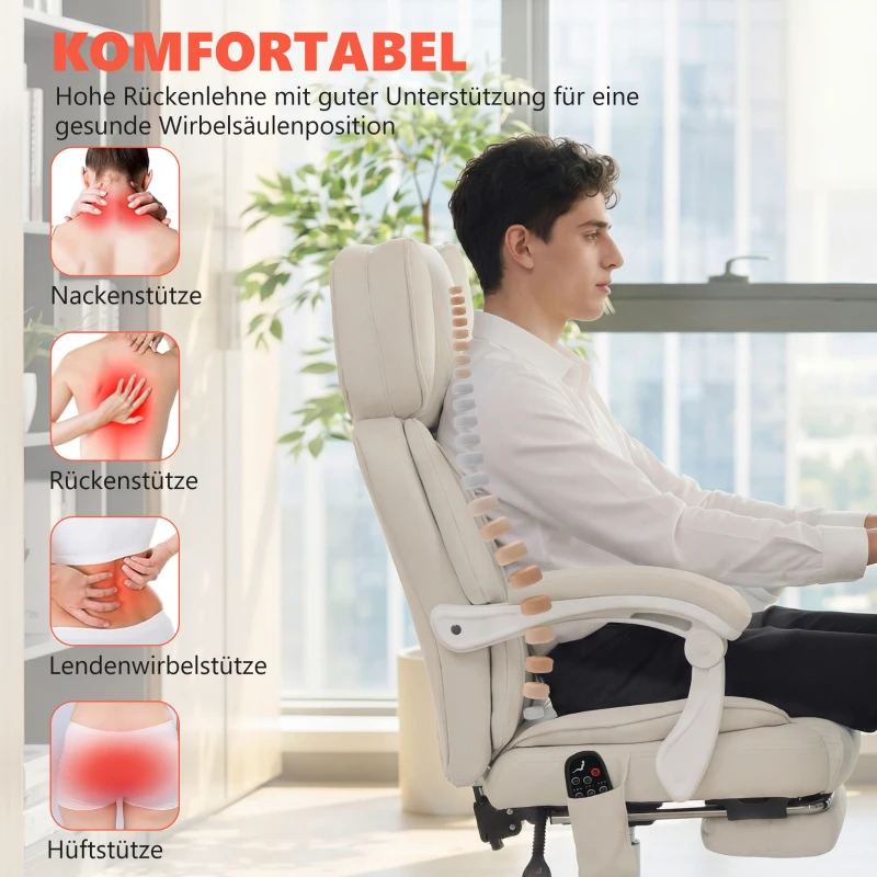 HOMCOM Hochlehner-Bürostuhl mit Vibrationsmassage und Heizung, ergonomisch, neigbar, mit Fußstütze, Cremeweiß