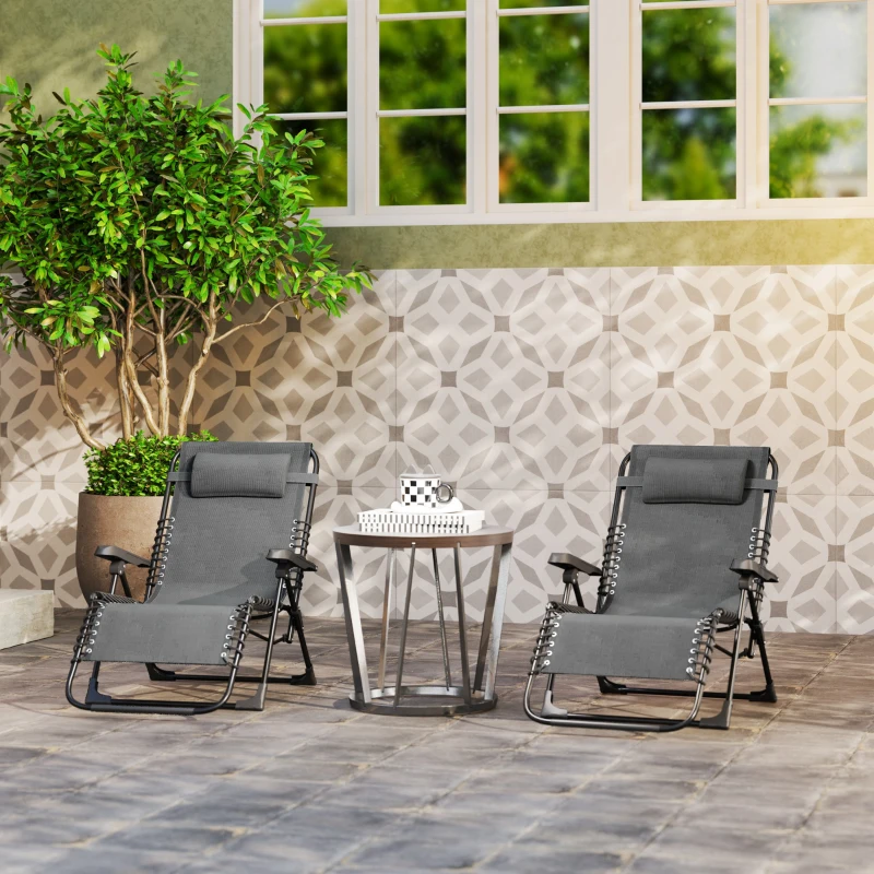 Outsunny Set 2 lettini pieghevoli in textilene con poggiatesta, 90x65x112 cm, Grigio