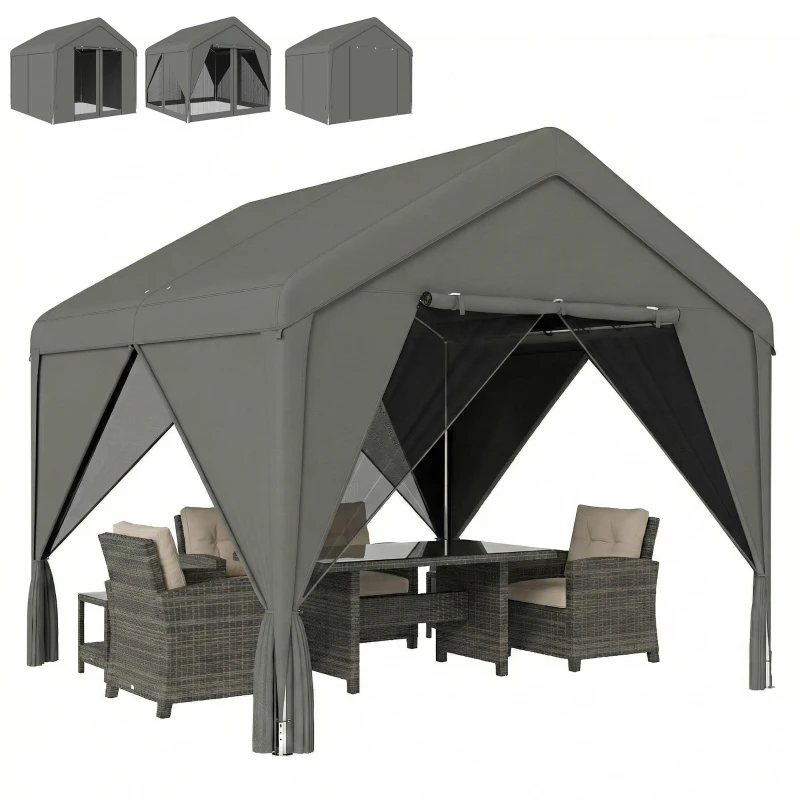Outsunny 3 x 3 m Patio Gazebo with Netting & Curtains, Outdoor Canopy Shelter with Galvanised Steel Frame, Dark Grey