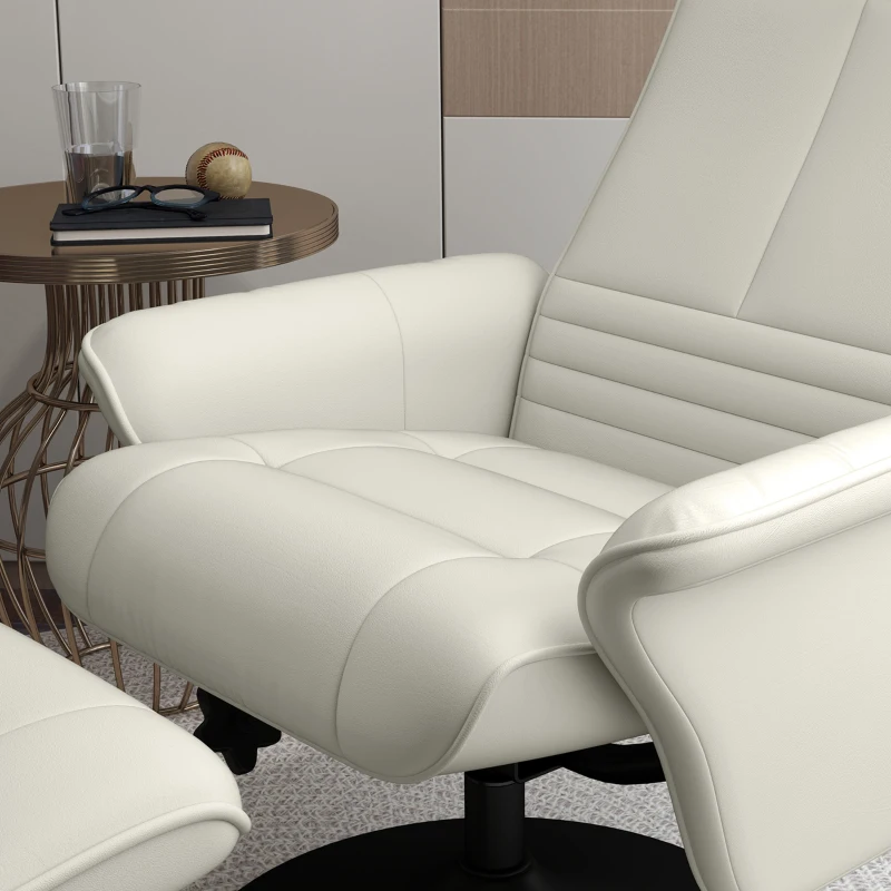 HOMCOM Poltrona relax girevole con pouf e rivestimento effetto microfibra, Bianco crema