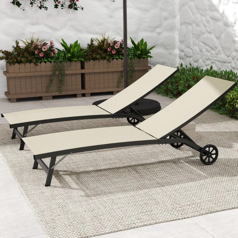Outsunny Set 2 lettini prendisole in alluminio e textilene con ruote, Kaki