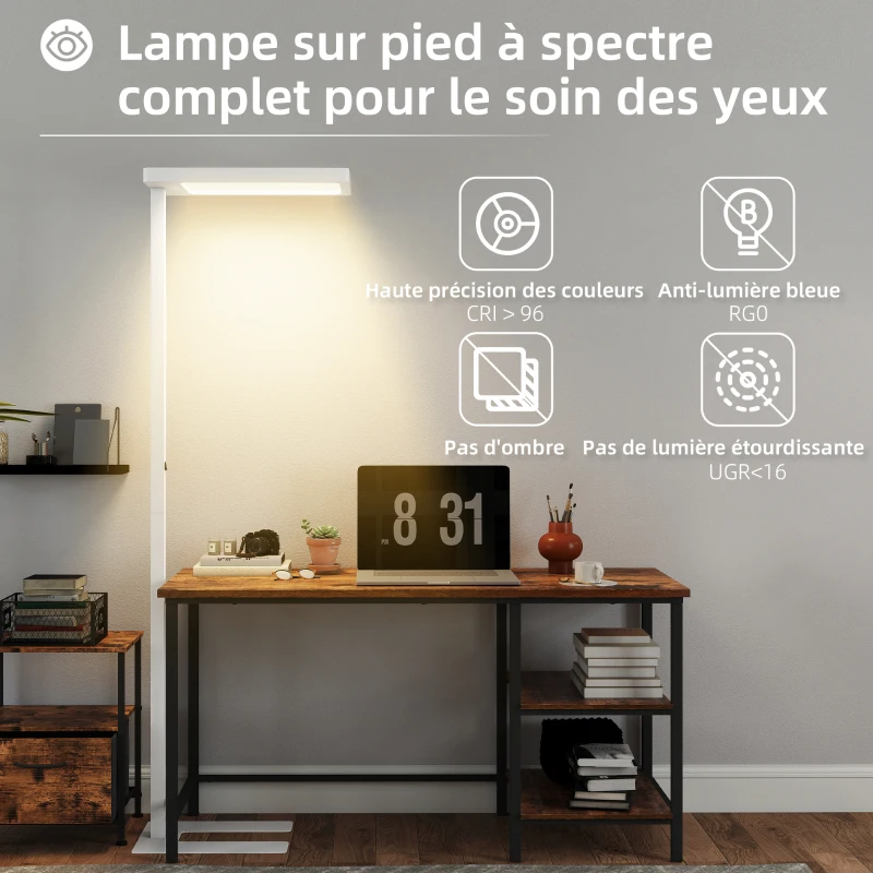 HOMCOM Lampadaire sur pied salon LED dimmable spectre complet pour le soin des yeux télécommande 60 x 32 x 196 cm blanc