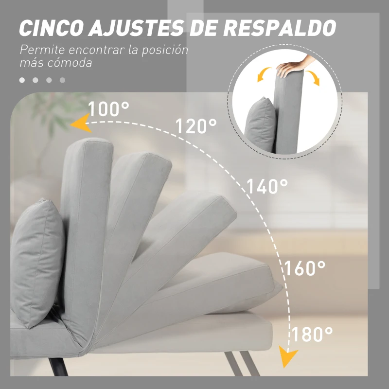 HOMCOM Sofá Cama Individual Plegable Sofá Cama Convertible 4 en 1 Respaldo Ajustable de 5 Niveles y Almohada 63x73x81 cm Gris