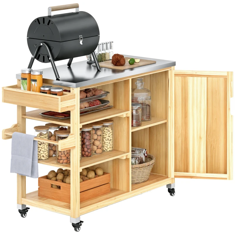 Outsunny Carrello per barbecue da esterno con armadietto e ripiani, Legno naturale